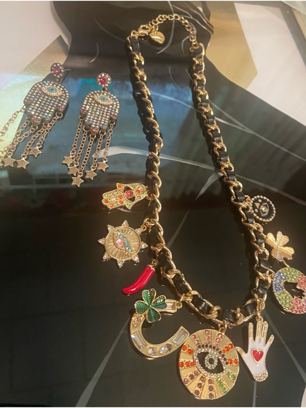 Betsey Johnson Multicolor Charm Necklace with Hamsa&Lucky Symbols & Earrings #39